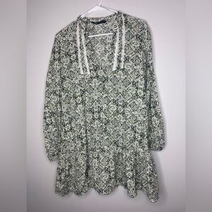 Zara Green White Leaf Print Long Sleeve Dress Large